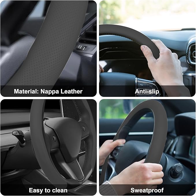 Frani Nappa Leather Steering Wheel Cover,Universal Fit 15 Inch-Premium Non-Slip Breathable Comfort Grip for Cars Trucks SUVs,Anti-Slip Durable Interior Upgrade Gray