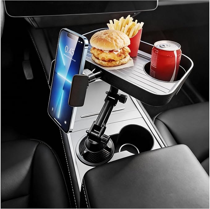 Car Food Tray with Phone Holder & Cup Holder, Height Adjustable 360°Rotating Steering Wheel Tray, Perfectly Compatible with Cars Featuring Round Cup Holders, Fits Tesla Model Y/3/S