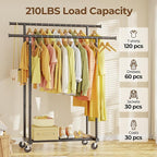 HYSEYY Double Rods Clothes Rack, Rolling Clothing Rack for Hanging Clothes Portable Wardrobe Rack, Metal Garment Rack Sturdy 