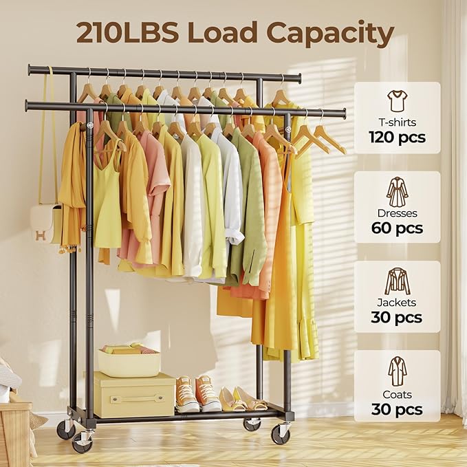 HYSEYY Double Rods Clothes Rack, Rolling Clothing Rack for Hanging Clothes Portable Wardrobe Rack, Metal Garment Rack Sturdy 