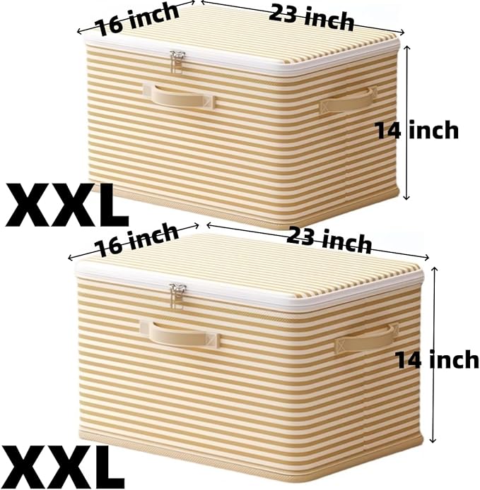 Foldable Storage Containers, Beige Striped Fabric Boxes with Lids, Stackable Closet Organizer Bins for Bedroom, Clothing Stor