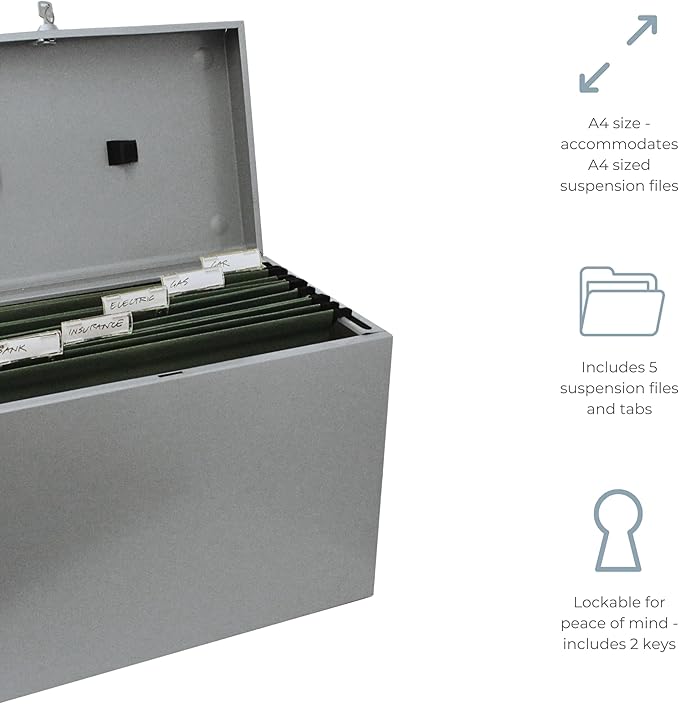 Cathedral Products A4 Steel File Box with Starter Pack of 5 Suspension Files - Grey