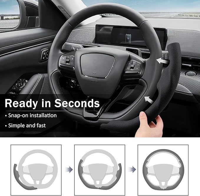 3-Piece Leather Steering Wheel Cover for Ford Mustang Mach-E 2021-2026, Custom Fit Clip-On Quick Installation Ultra-Thin Form-Fitting Interior Car Accessories for Men Women(Black Hole)