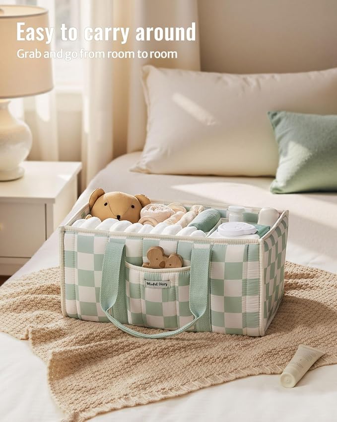 Blissful Diary Checkered Diaper Caddy Organizer, Stylish Nursery Storage Basket, Gift for Baby Shower, Newborn Essentials, Re
