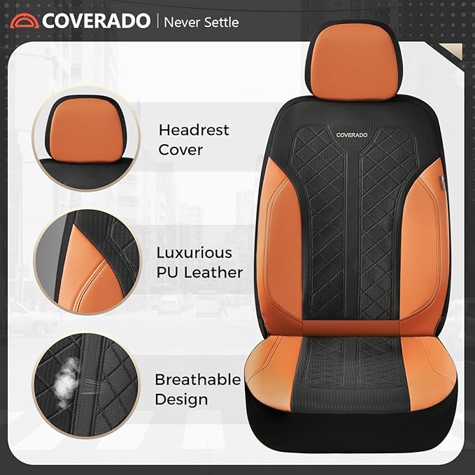 Coverado Seat Covers Front Seats, Leather Automotive Seat Covers 2-Pack, Mesh Breathable Auto Seat Protectors, Driver Seat Co