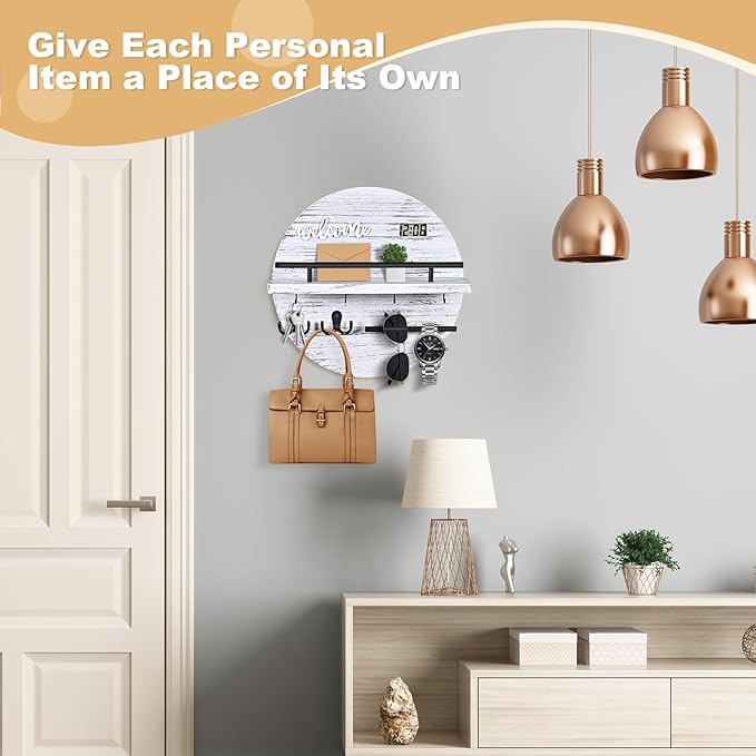 Key Holder for Wall, Round Wooden Rustic Key and Mail Organizer for Wall - Key Holder Wall Mount for Entryway, Mudroom, Hallw