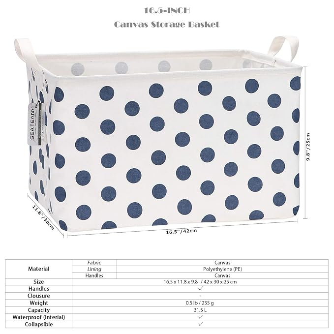 Sea Team Collapsible Canvas Fabric Storage Basket with Handles, Rectangle Waterproof Storage Bin, Box, Cube, Foldable Shelf B