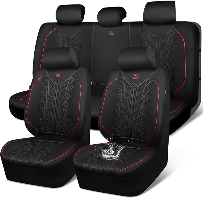 CAR PASS Waterproof Car Seat Covers Full Set,Neoprene Car Seat Covers 5 Seats,3D Tyre Embossed Wetsuit Seat Covers All-Weathe
