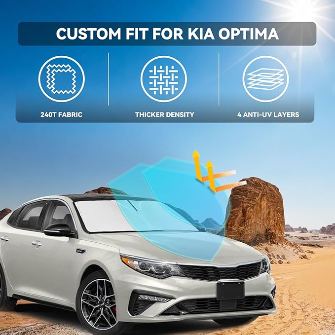 for KIA Optima 2016-2020 Windshield Sun Shade - 4 Layers Car Sunshades for Front Windows Shade Cover Custom Fit Optima Sun Visor 2450T Retractable Shade Blocks UV Rays Car Accessories