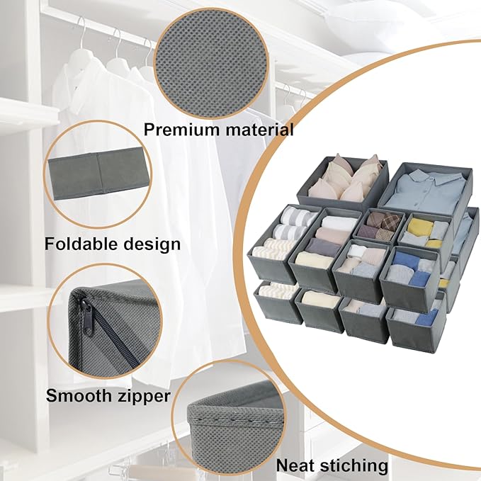 Fordonral 16 Pack Drawer Organizer Clothes, Foldable Fabric Dresser Organizer Closet Organizers and Storage Box for Underwear