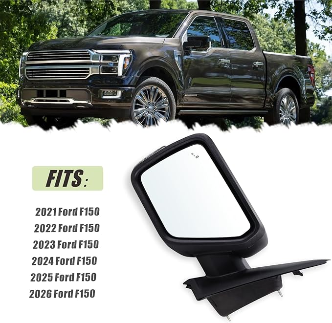 Left Driver Side Mirror Compatible With 2021-2026 Ford F150 With Manual Folding Power Glass Heated Blind Spot Turn Signal Puddle Light Matte Black Replace#ML3Z17683SA(11Pins)