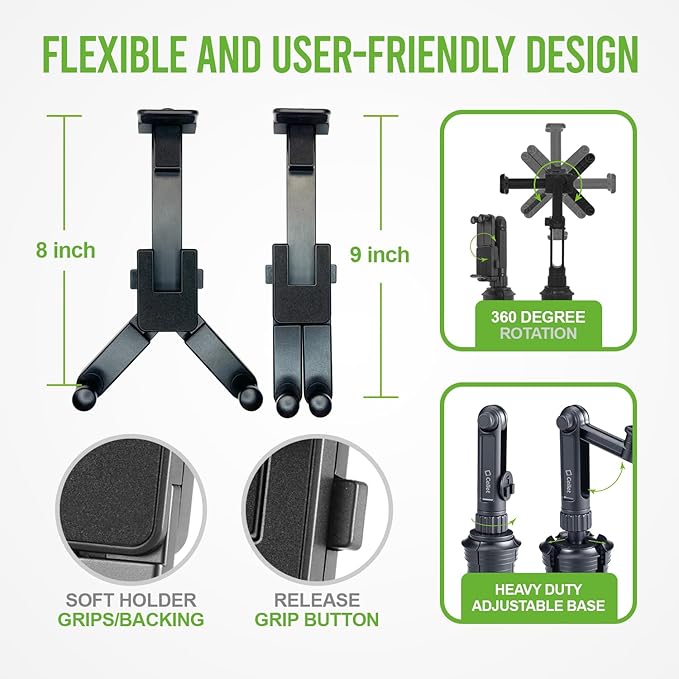 Cellet Universal Car Cup Holder Tablet Mount – Adjustable Gooseneck Stand for iPad, Galaxy, Kindle, Smartphones & More – Stable Base Fits Cup Holders 2.5"-4" for Front & Back Seat Use