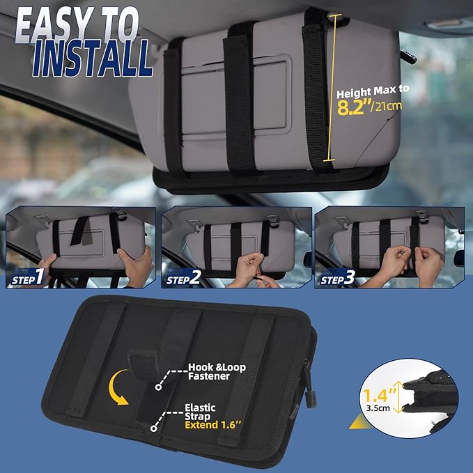 Molle Car Sun Visor Organizer, Car Accessories with Zipper Visor Storage Pouch & Glasses Clip, Molle Panel for Tactical Gears, Fits Most Vehicles, SUVs, Trucks(Black)