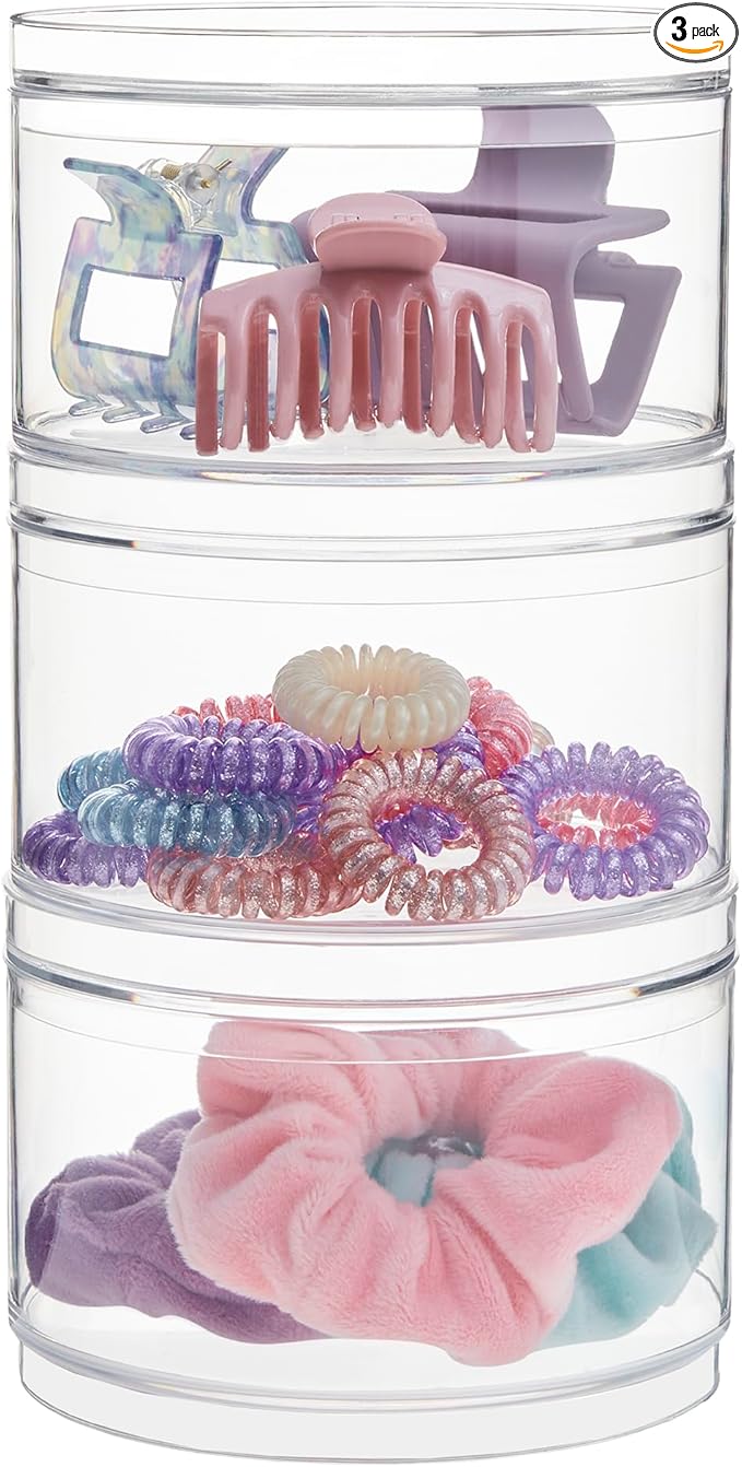 STORi Bella Stackable Clear Plastic Container (Set of 3) Round Vanity Storage Organizers with Lids for Hair Accessories & Bea