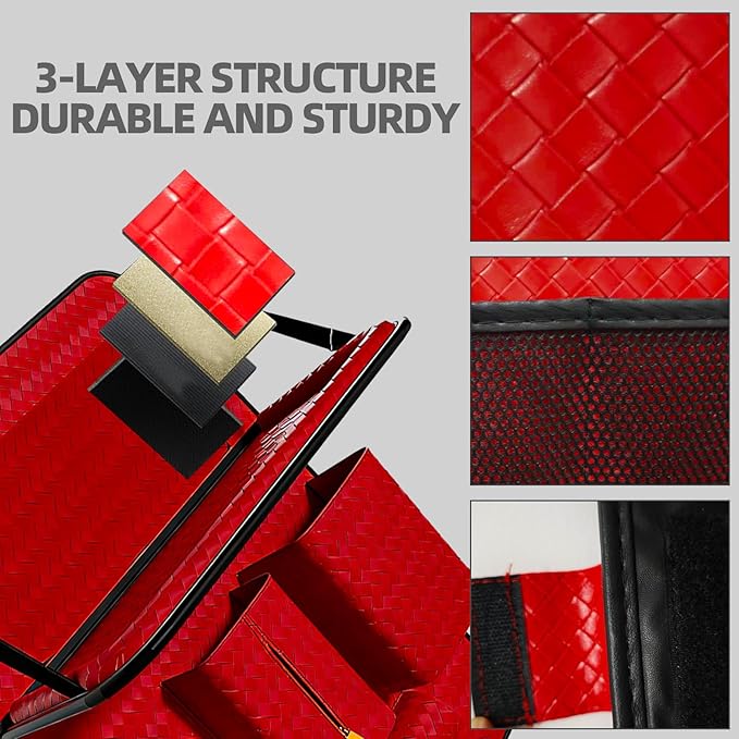 Car Back Seat Organizer, Black Woven Leather Storage Bag, Multifunctional Rear Seat Protector with Tablet Holder, 25.2x17.7 Inches, Red