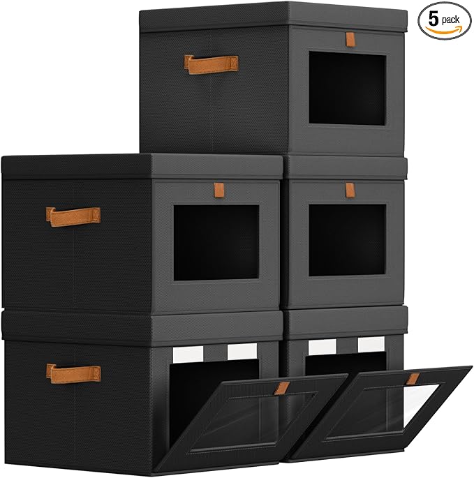 Homsorout Storage Bins with Lid – Closet Organizer with Side Opening and Clear Window, Foldable Stackable Fabric Basket for C