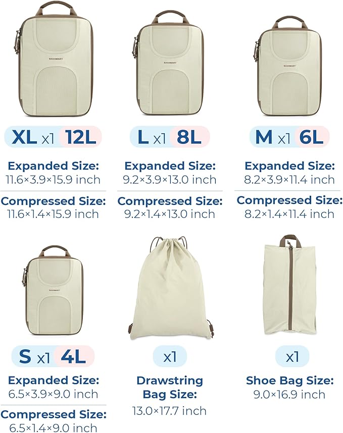 BAGSMART Compression Packing Cubes, 6 Set Packing Cubes for Suitcases, Lightweight Suitcases Organizers Bag Set & Compression