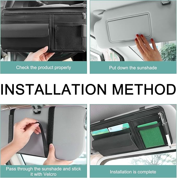MLY Car Sun Visor Organizer, Leather Sunglasses Note Pen Card Holder with Multi-Pocket Net Zipper Storage Bag, Scratch-Resistant Car Sun Visor Organizer for Truck, Cars Interior Accessories (Black)