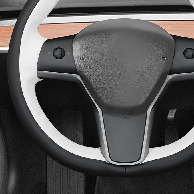 MEWANT Hand Stitched Real Leather Steering Wheel Cover for Tesla Model 3 2017-2023 / Model Y 2020-2023 for Tesla Model 3/Y Accessories(3D Style)