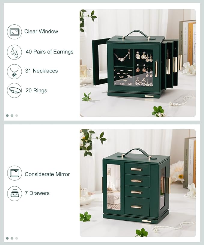 Homde Jewelry Box for Women Large: Rotating Organizer for Ring Earring Necklace Bracelet - 7 Drawers Storage for Dresser (For