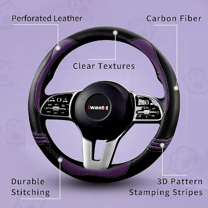 Iwantit® Steering Wheel Covers with Leather and Anti-Slip Rubber Ring, Universal Fit 14.5-15 inches for Cars,SUV (Purple/Blac