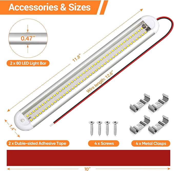 CT CAPETRONIX 12v Led Light Bar Strip, 80leds 1200LM 6.5W DC 12 Volt Led Strip Lights Fixtures with Switch, Enclosed Trailer Lights for RV Interior, Van, Truck Lorry, Camper, Boat, Caravan (2Pcs)