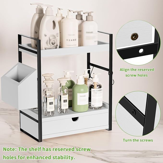 2-Tier Bathroom Counter Organizer with Drawer and Basket, Wood Countertop Organizer for Storage, Skincare Organizers for Vani
