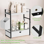 Kottwca 2-Tier Bathroom Counter Organizer with Drawer, Basket & Hooks, Wooden Vanity Shelf for Skincare, Perfume & Makeup Sto