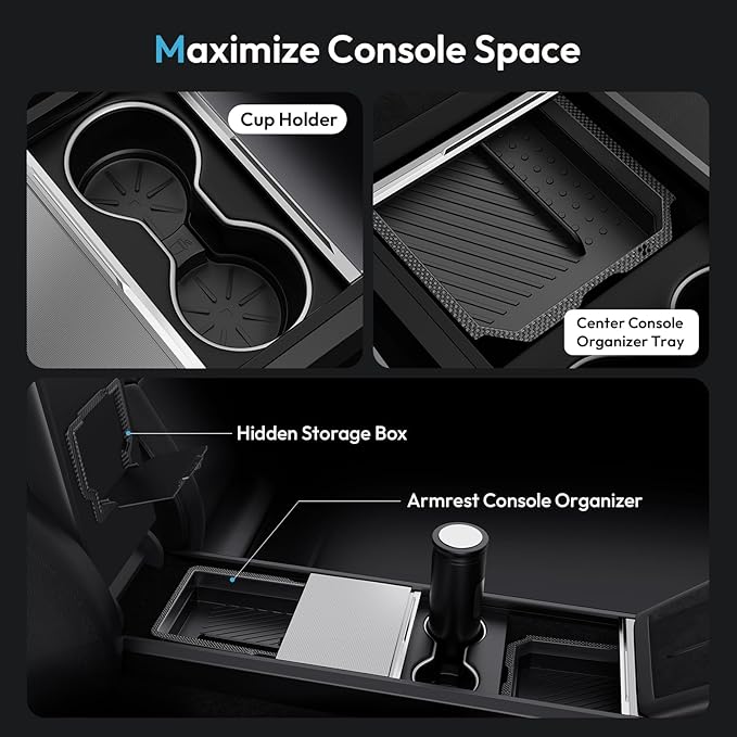 Center Console Organizer Tray for Tesla Model Y Juniper 2025-2026 & Model 3 Highland 2024-2026 [Premium PC + Silent Silicone Liner] Cup Holder for Tesla Model Y Juniper Accessories