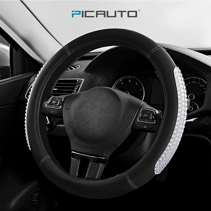 PIC AUTO Steering Wheel Cover, Glitter Gel Particles & Black Luxury Leather Car Steering Cover, Universal Fit 14.5"-15.5" Ant