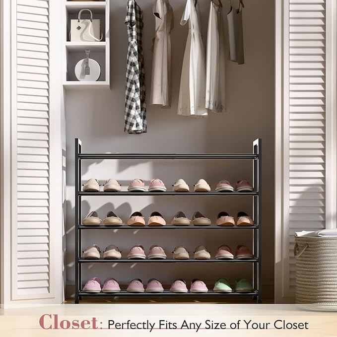 Bumusty 5-Tier Expandable Shoe Rack for Closet, 18“-33” Adjustable Shoe Rack for Small Space, Small Shoe Organizer for Front 