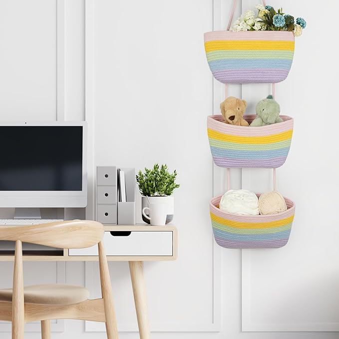 TeoKJ Over the Door Hanging Basket, 3-Tier Woven Cotton Wall-Mounted Storage Organizer Bag Decorative Hanging Nursery Baskets