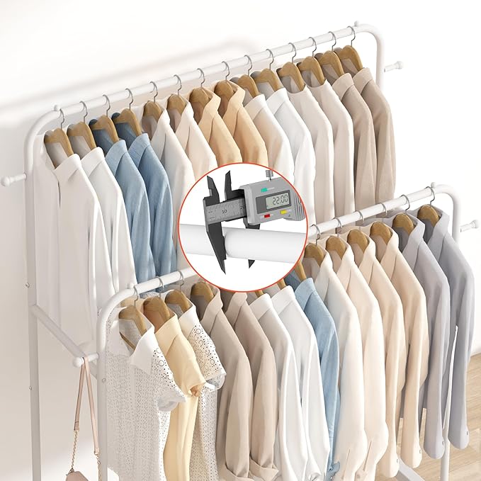 Laiensia Double Rods Garment Rack with Wheels, Clothing Rack for Hanging Clothes,4 Hooks, Multi-functional Bedroom Clothes Ra