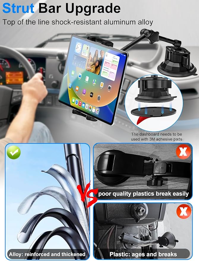 Tablet Holder Mount for Car - Anti-Shake Dashboard Windshield Sunroof Stand for Truck/Car/Pickup/Van, Heavy Duty Metal Tablet Mount for 4-12.9" iPad Pro Air Mini, Z Fold, iPhone