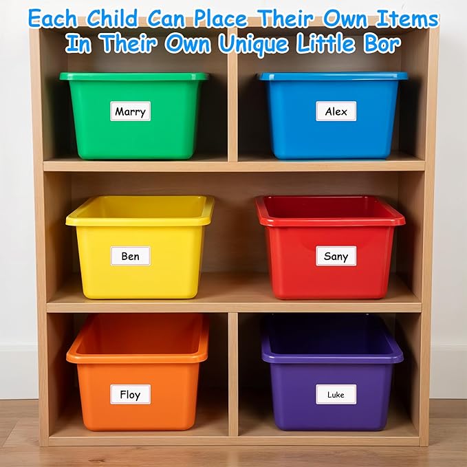 Kifmurase 6PCS Plastic Cubby Storage Bins, 12x7 Inch Stackable Toy Storage Organization, Colored Toy Storage Bins with 12 Lab