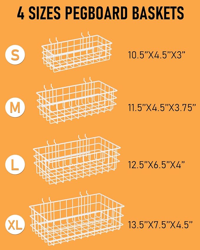 INCLY 4 Pack Pegboard Baskets Bins Set, 4 Size Square Style Metal White Wire Basket for Any Peg Board Organizing Tools, Pegbo