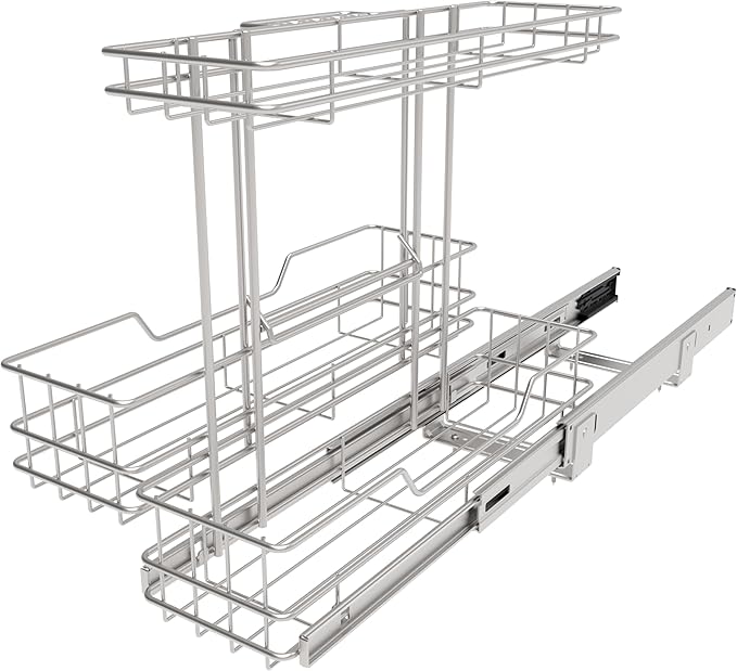 2 Tier Under Sink Organizer 11" W X18 D, Pull Out Cabinet Organizer One Removable Basket, Under Sink Slide Out Chrome Plated,