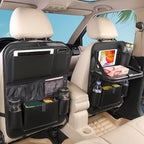 Leather Car Backseat Organizer with Tablet Holder - 9 Large Storage Pockets, Foldable Food Tray & Anti-Scratch Kick Mats - Universal Car Seat Protector for Kids, Pets & Travel Accessories 1 Pack