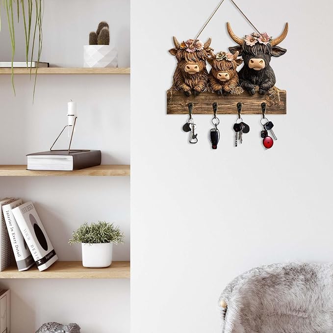 2D Highland Cow Key Hooks for Wall - Wooden Key Holder and Organizer with Flat Design for Home, Office, or Garage Decor