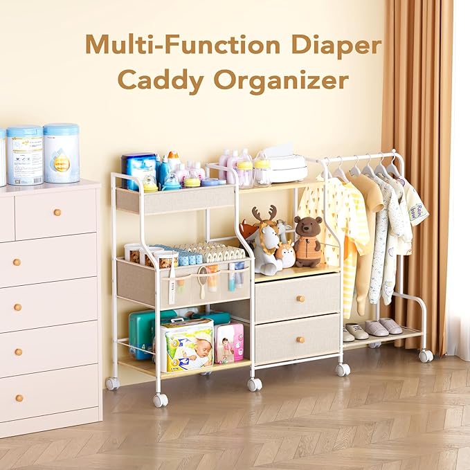 BBLIKE Diaper Caddy Organizer with Hanging Rack - 3 Tier Rolling Utility Cart with Drawers and Dividers for Baby Bottle Stora