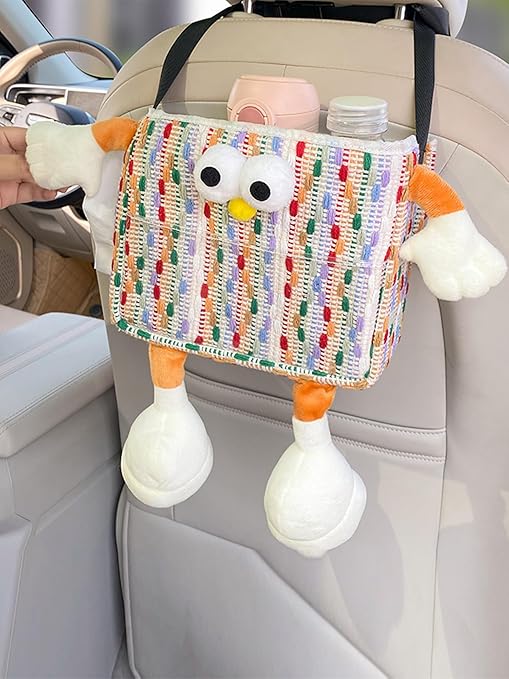 Car Trash Bag Hanging Cute 2 in 1 Can with Tissue Holder Box Seat Back over the Seat Organizer Plush Cartoon Animal Storage Garbage,Pink