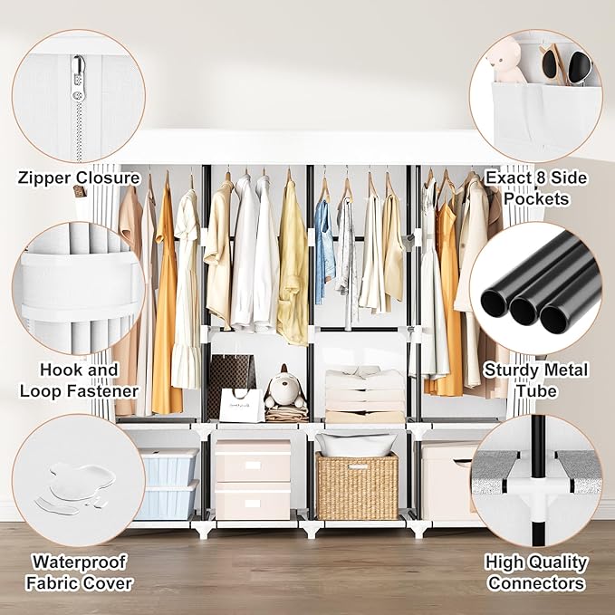 Portable Closet for Hanging Clothes, 67 Inch Wide Portable Wardrobe Closet with Cover, 4 Hanging Rod, Storage Shelves and Sid