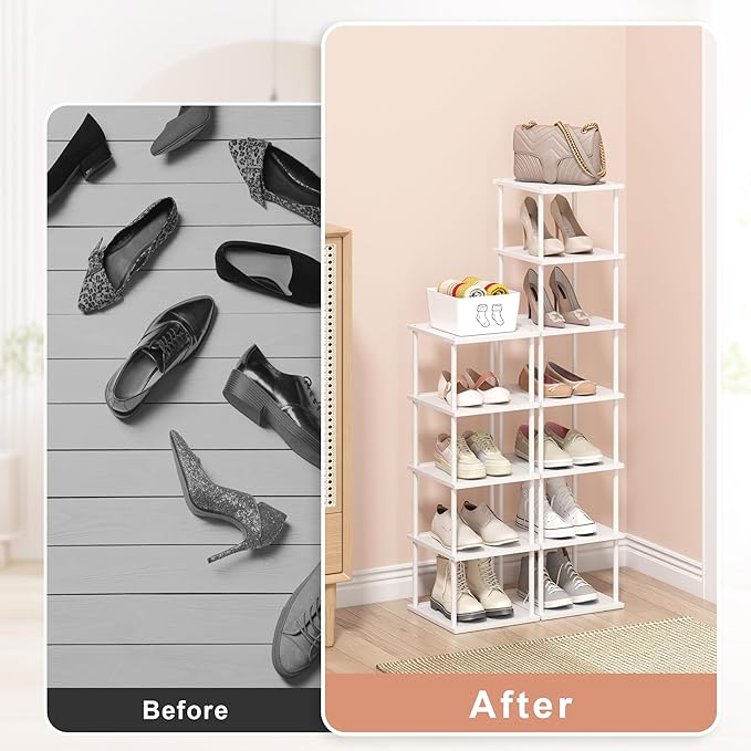 Vertical Tall Shoe Rack Organizer for Entryway -12 Tier Free Standing Slim Narrow Bamboo Wood Corner Stackable Shoe Boots Sto