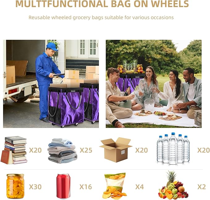 (Medium, Purple) Reusable Grocery Bag on 4 Wheels, Foldable Rolling Tote Carries Up to 66lb Shopping Trolley, Rolling Bag with 3 Handles, Zipper Clouser Rolling Tote Bag with Wheels for Laundry