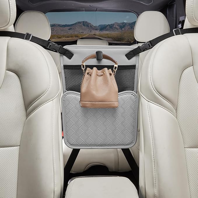 Purse Holder for Car,Car Purse Holder Between Seats,PU Leather Seat Back Organizer,Large Capacity Bag,Car Net Pocket Handbag Holder,Pet Barrier(Gray)