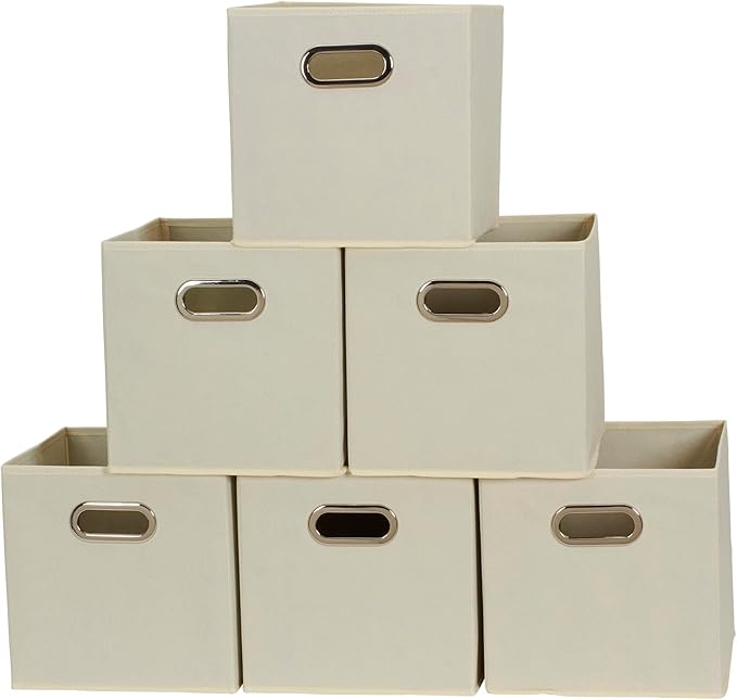 Fabric Storage Bins 6 Piece Set, Strong Poly-Woven Fabric, Sturdy Chipboard Sides, Grommet Front Handle, Stackable and Foldab