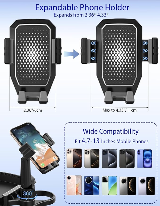 Car Cup Holder Tray - 4 in 1 Adjustable Car Cup Holder Expander with 360° Rotatable Food Tray Table and Phone Mount for Drive