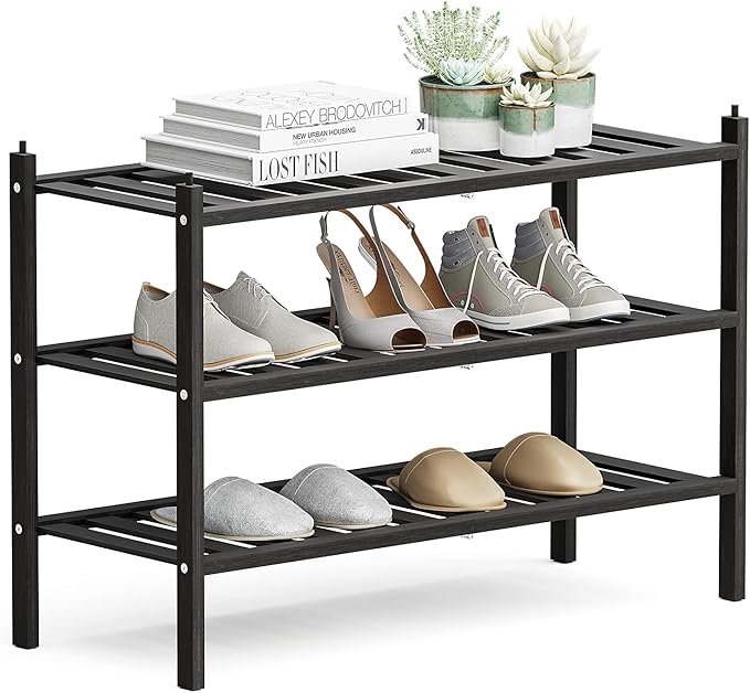 Dranixly Shoe Rack, 3-Tier Bamboo Stackable Shelf Storage Organizer, Stand for Closet, Entryway, Hallway, Bathroom and Living