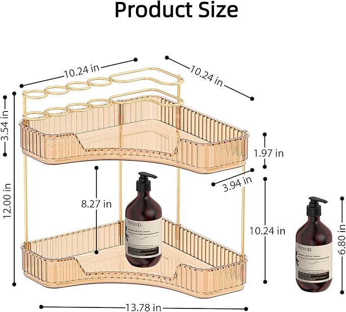 Corner Bathroom Counter Organizer with Top Toothbrush Holders, 2-Tier Make Up Organizers for Vanity with Brush Holder, Corner