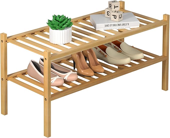 ROMGUAR CRAFT 2 Tier Bamboo Shoe Rack for Closet Free Standing Wood Shoe Shelf for Entryway Small Space Stackable 27"x11"x13"
